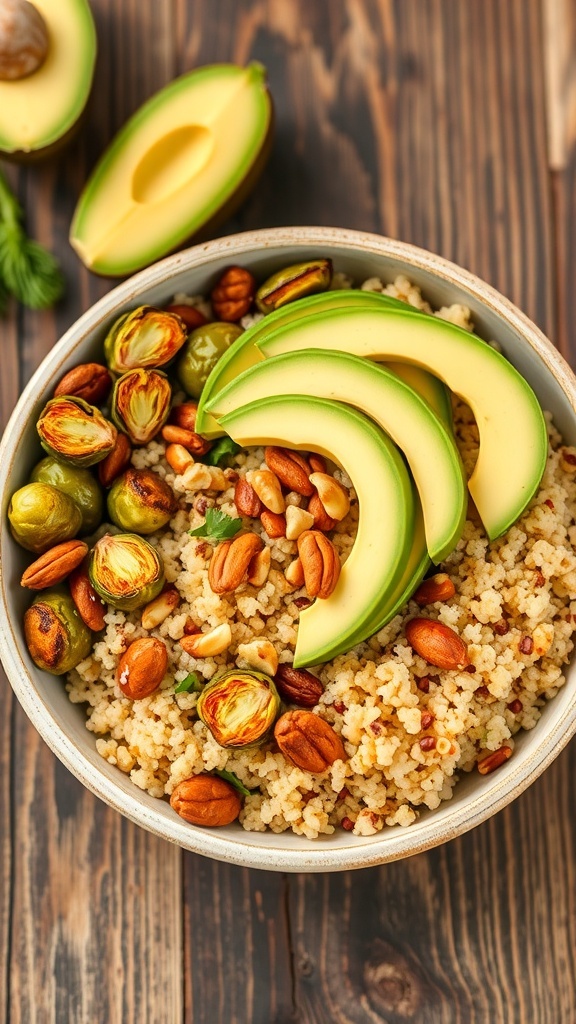 A colorful quinoa bowl with roasted Brussels sprouts, avocado, and nuts on a rustic table.